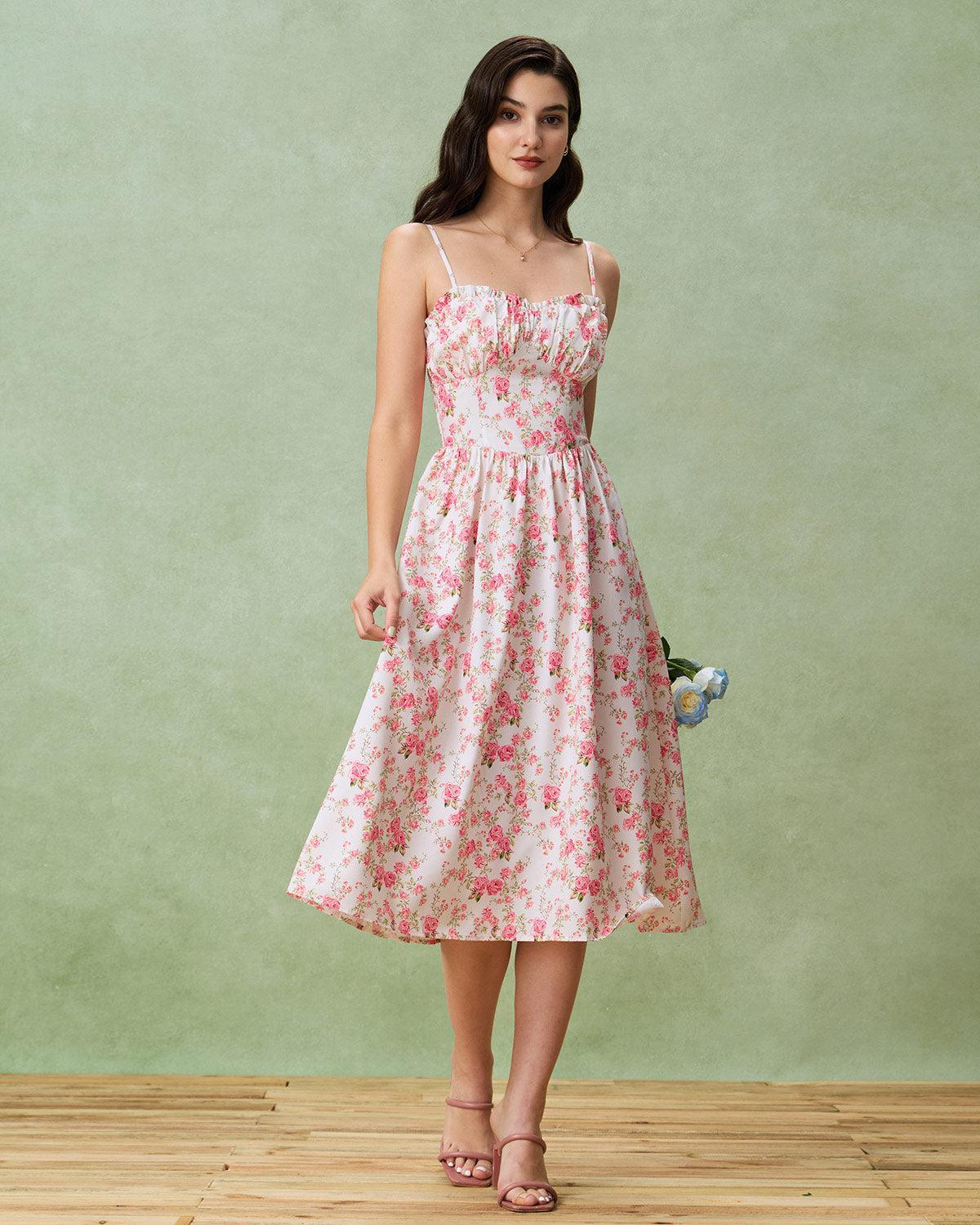 Pink Floral Sweetheart Neck Shirred Slip Midi Dress Product Image