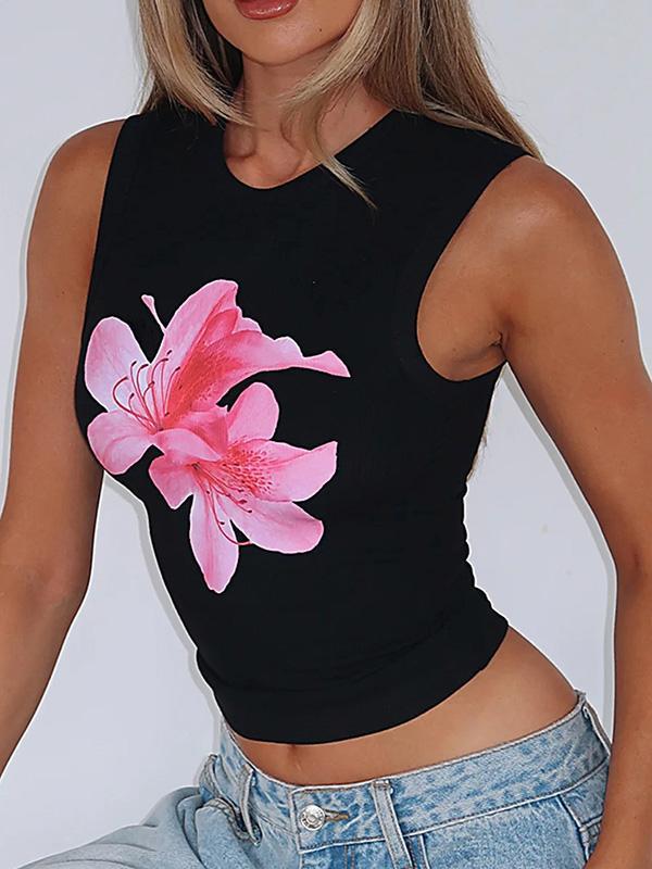 Skinny Sleeveless Flower Print Round-Neck Vest Top Product Image