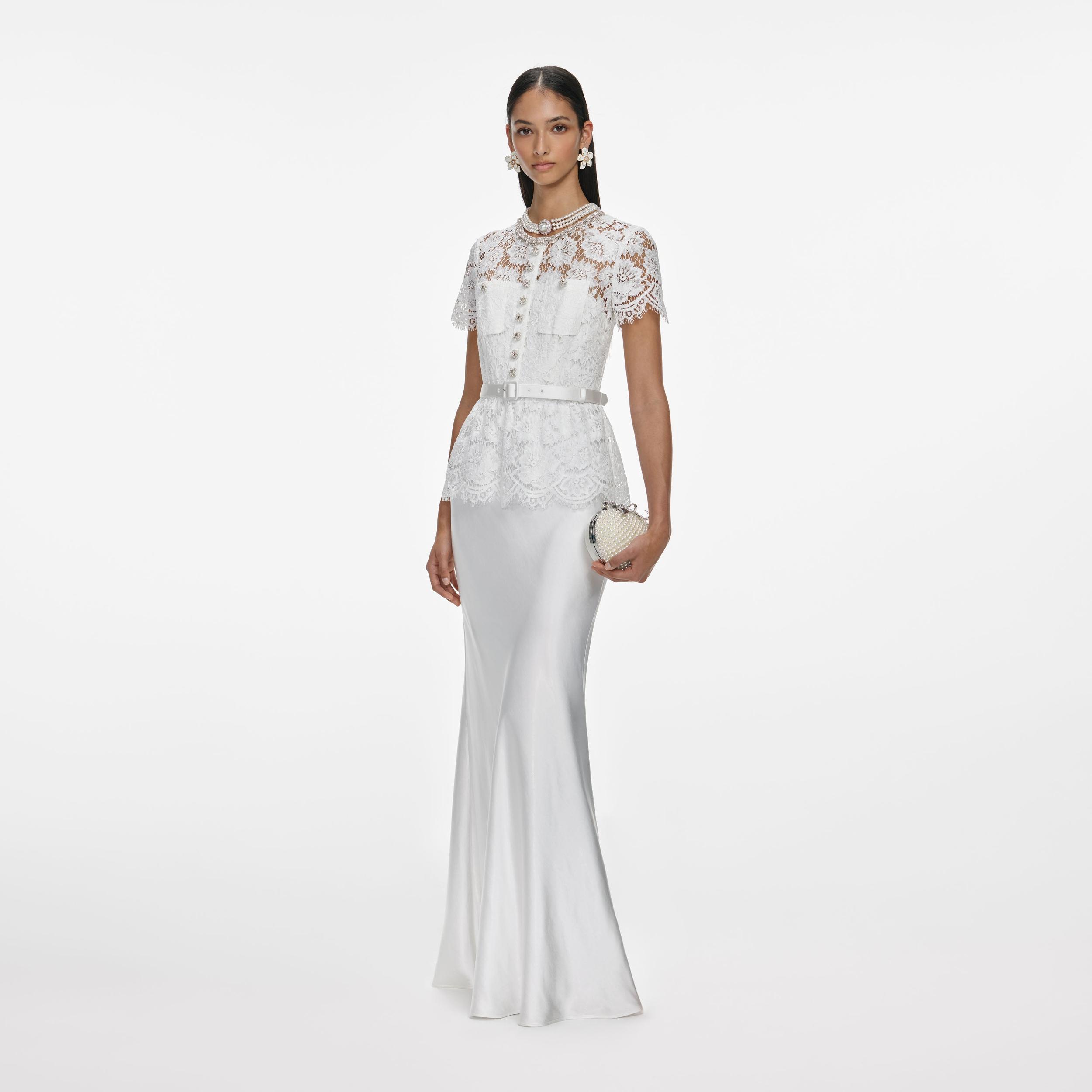 White Lace Satin Maxi Dress Product Image