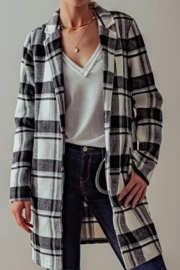 Open Front Long Flannel Plaid Coat Product Image