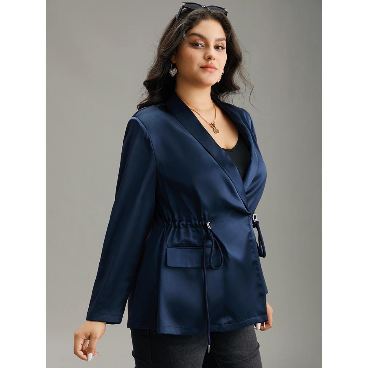 Plus Size Suit Collar Flap Pocket Drawstring Ties Blazer DarkBlue Women Office Plain Plain Sleeve Long Sleeve Suit Collar 22-24/3X Pocket Work From Home Blazers BloomChic Product Image