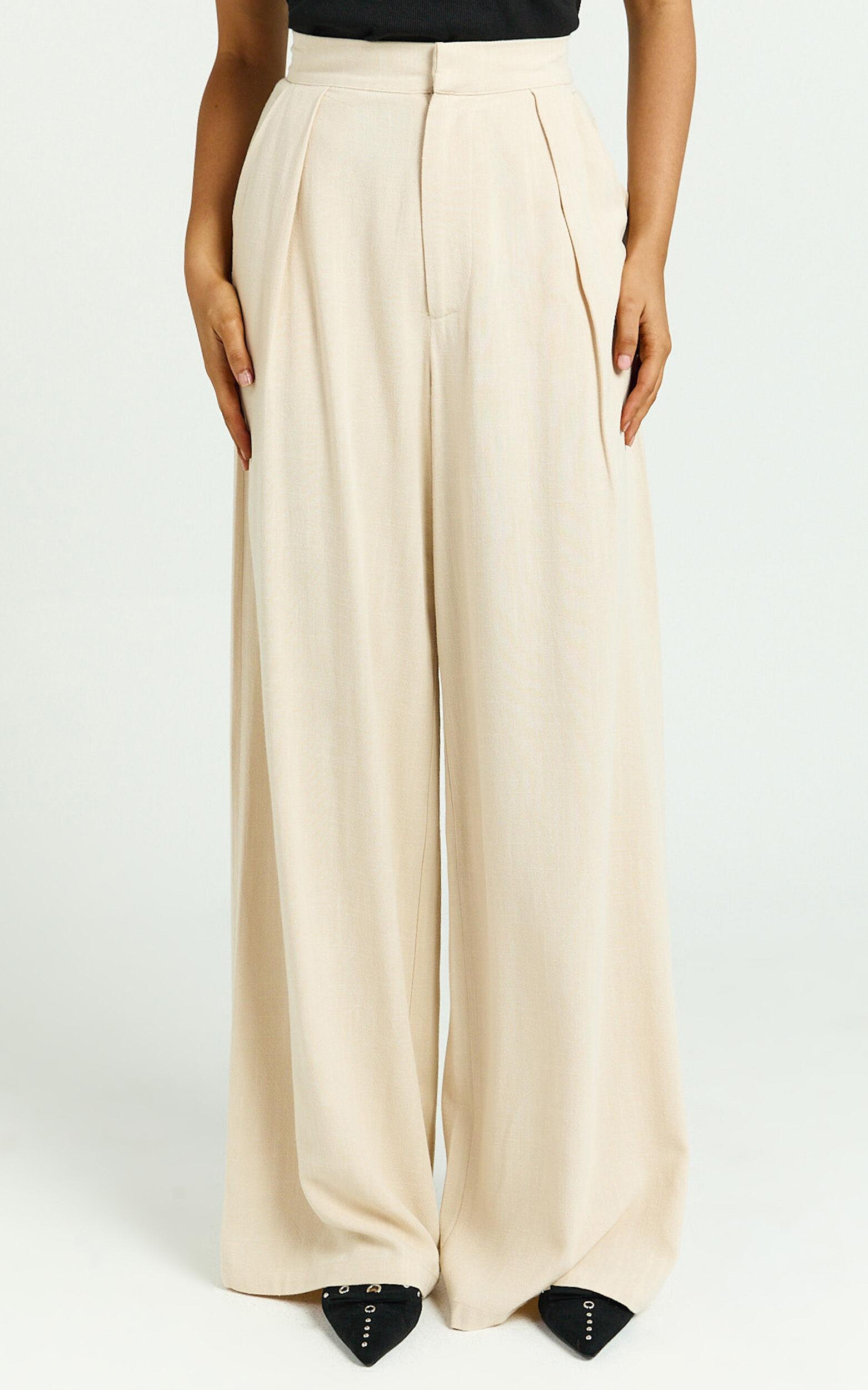 Hermione Linen Pants - High Waist Wide Leg Pleated Palazzo Pants in Natural Product Image