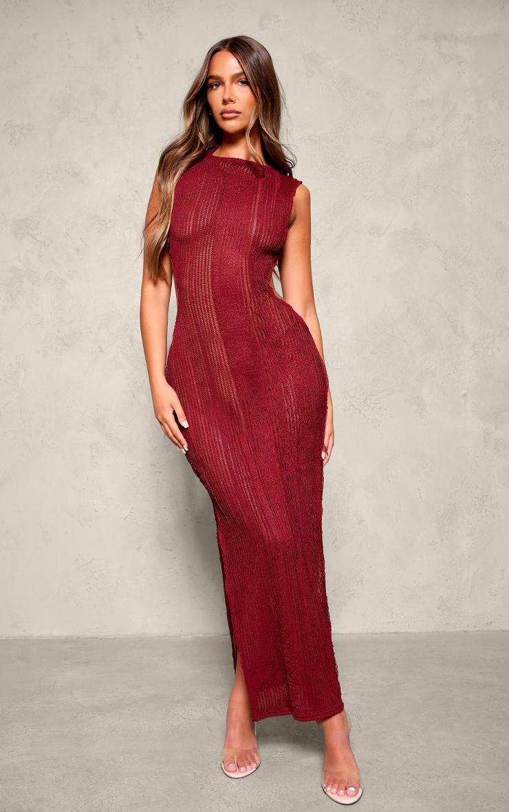 Burgundy Texture Extreme Back Cut Out Maxi Dress Product Image