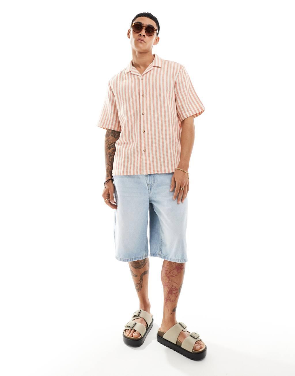 ASOS DESIGN relaxed camp collar shirt in orange basket stripe Product Image