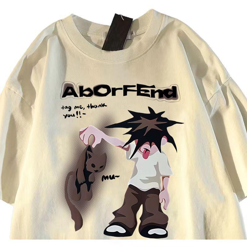 Short-Sleeve Crew Neck Cartoon Print T-Shirt Product Image