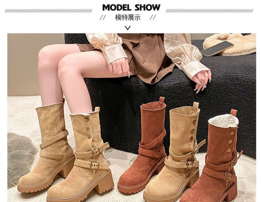 Faux Leather Buckled Platform Mid Calf Boots Product Image