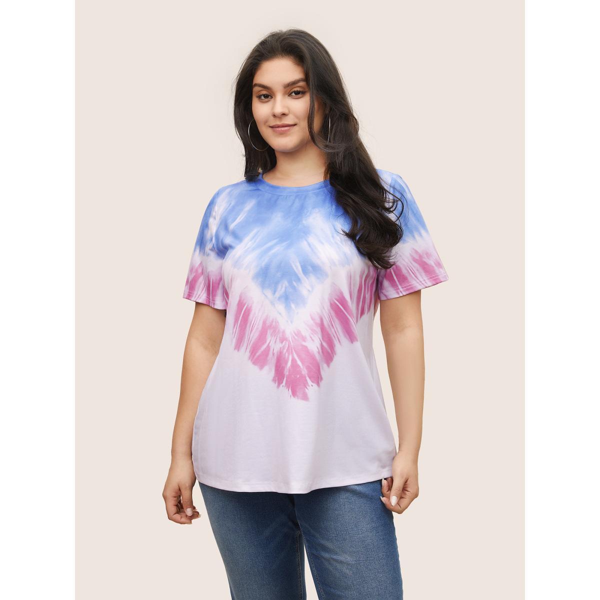 Plus Size Tie Dye Contrast Round Neck T-shirt Multicolor Women Casual Non Tie Dye Round Neck Everyday T-shirts BloomChic 18-20/2X Product Image