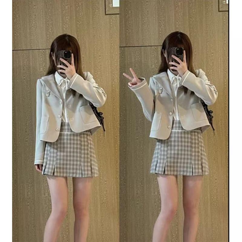 Lapel Collared Plain Single Breasted Crop Blazer / Collared Plain Shirt / High Waist Plaid Mini Pencil Skirt / Set Product Image