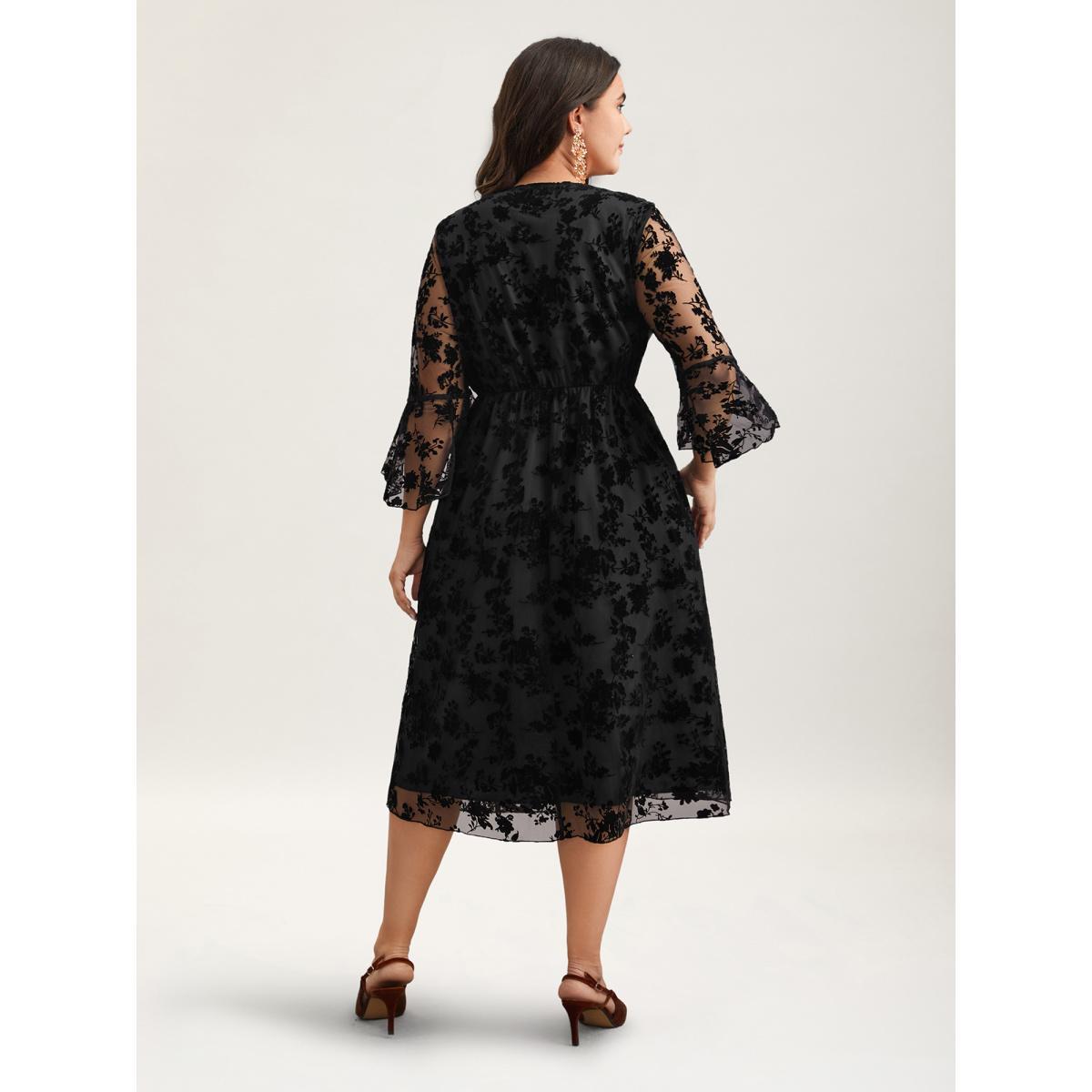 Plus Size Sheer Textured Waist-Cinched Midi Dress Black Women Elegant Texture V-neck Elbow-length sleeve Curvy BloomChic 30/6X Product Image