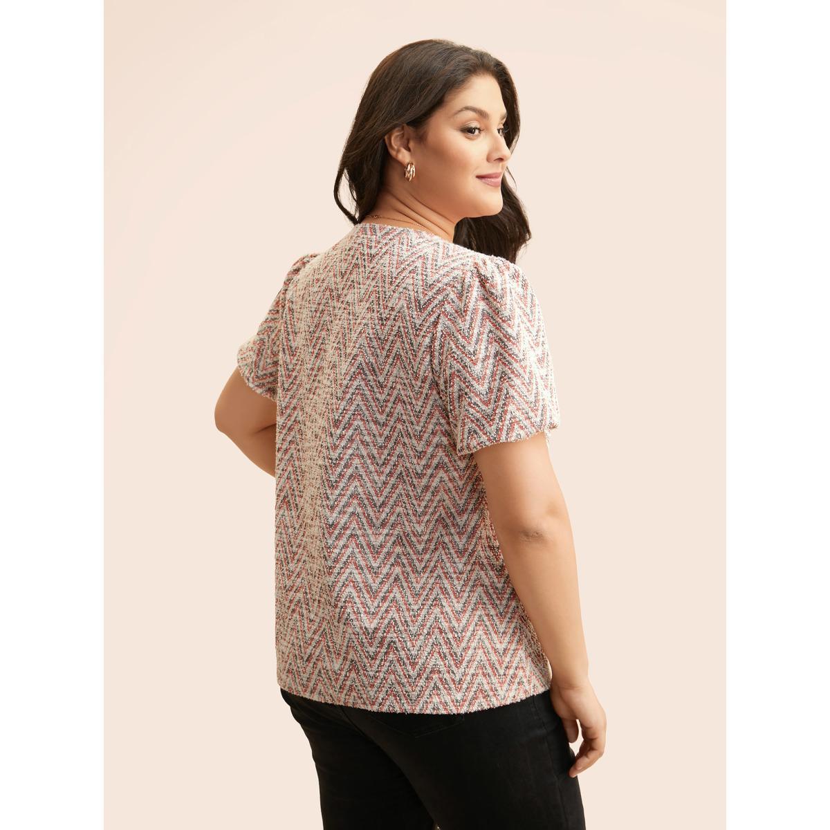 Plus Size Textured Round Neck Lantern Sleeve T-shirt Brightred Women Elegant Texture Round Neck Everyday T-shirts BloomChic 12/L Product Image