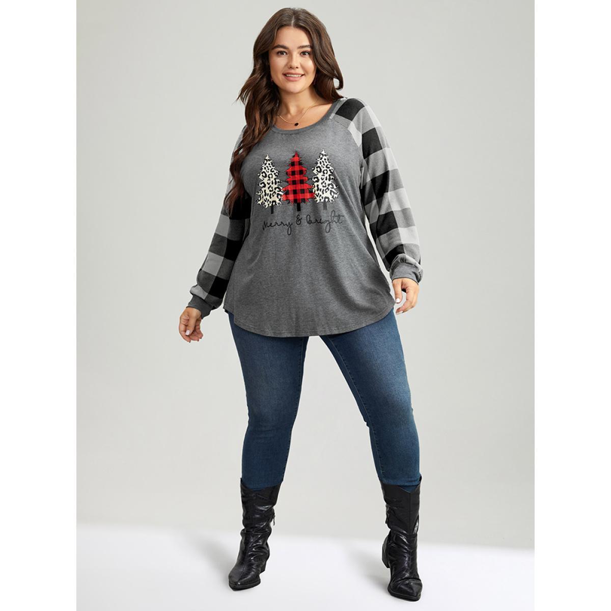 Plus Size Plaid Christmas Trees Round Neck T-shirt Black Women Casual Contrast Christmas Festival-Christmas T-shirts BloomChic 14-16/1X Product Image