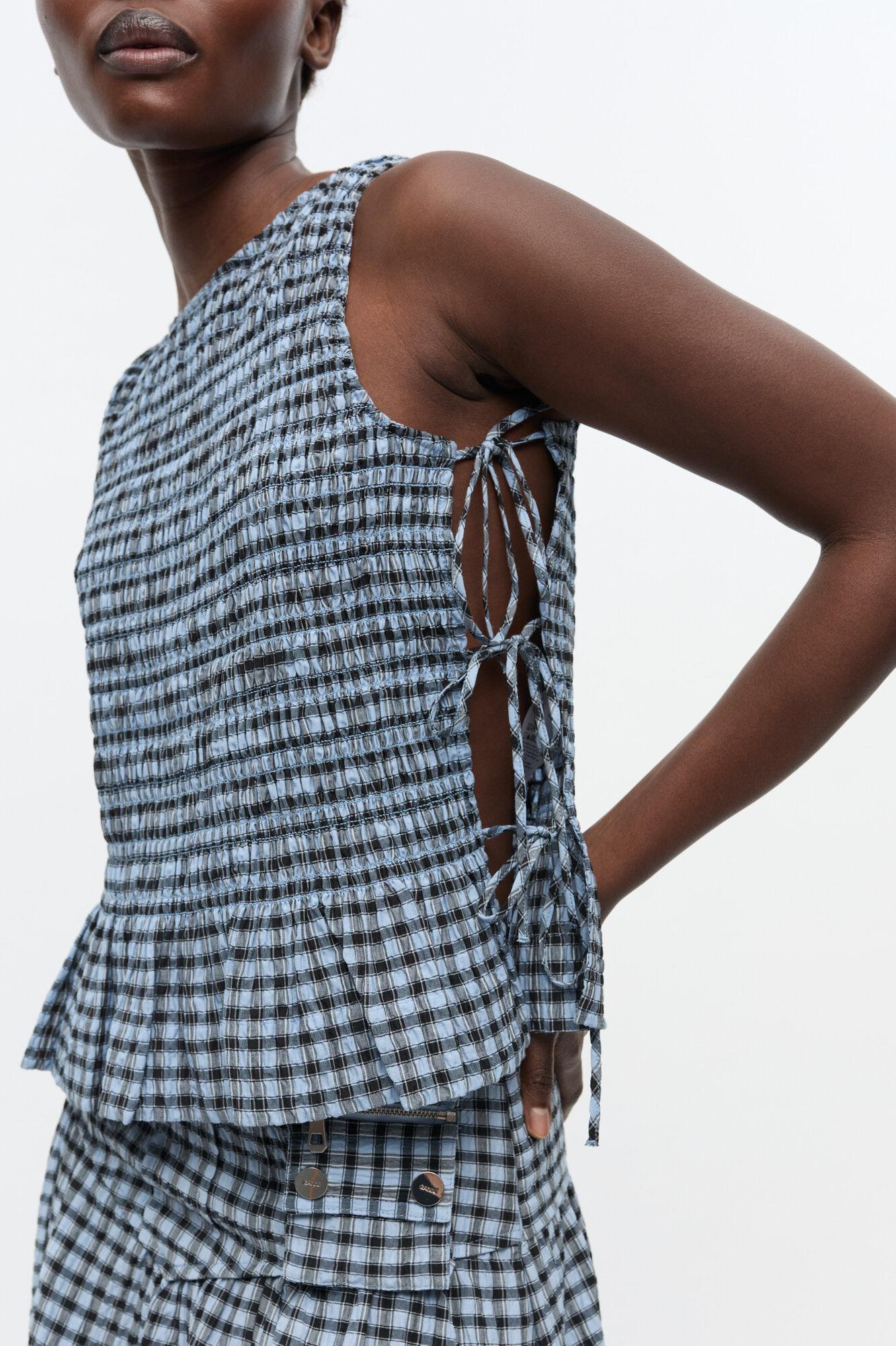 Blue Seersucker Check Smock Tie String Top Product Image