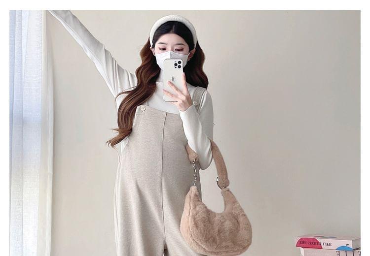 Maternity Long-Sleeve Mock Neck Plain Top / Plain Wide Leg Dungaree / Set Product Image