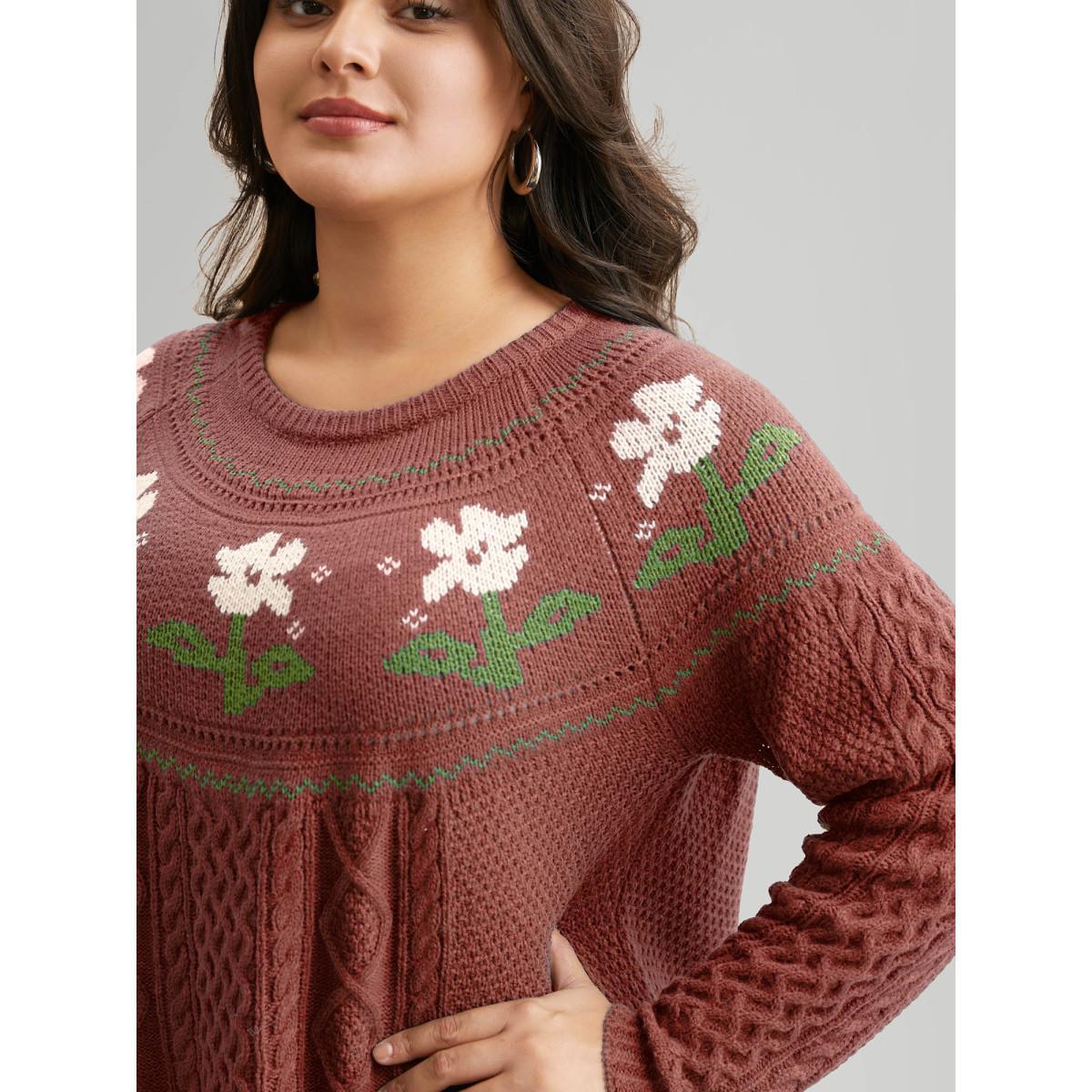 Plus Size Floral Jacquard Raglan Sleeve Pullover Russet Women Leisure Long Sleeve Round Neck Casual Pullovers BloomChic 12/L Product Image