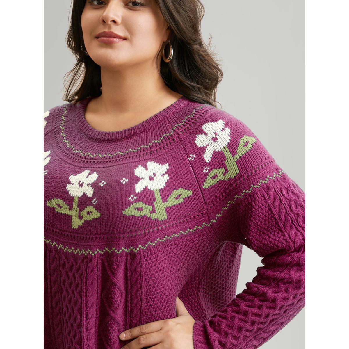 Plus Size Floral Jacquard Raglan Sleeve Pullover RedViolet Women Casual Long Sleeve Round Neck Everyday Pullovers BloomChic 18-20/2X Product Image