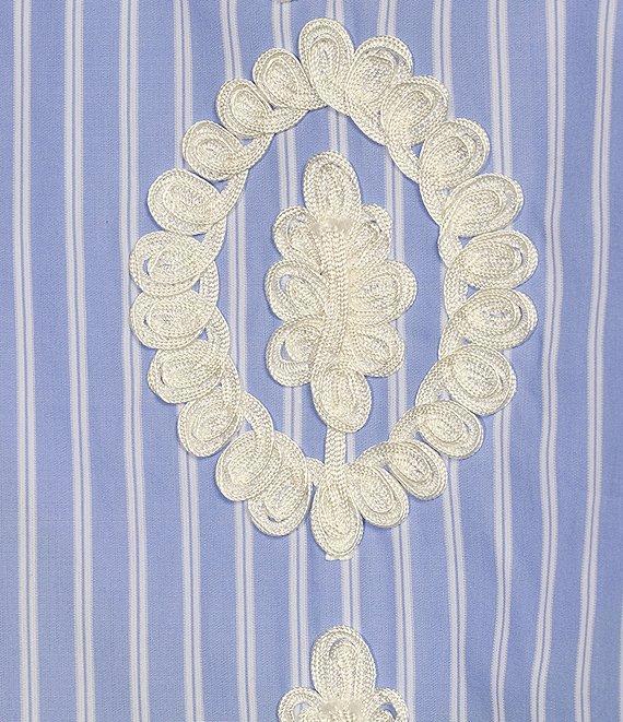 Calessa Plus Size Embroidered Patchwork Pinstripe Split V-Neck 3/4 Sleeve Tunic Product Image