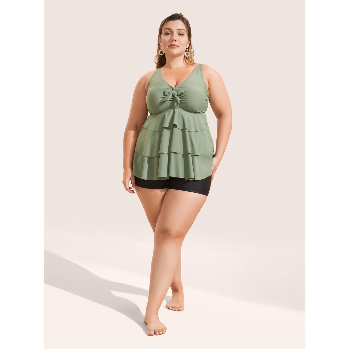 Plus Size Knotted Front Ruffle Tiered Tankini Top Women's Swimwear ArmyGreen Beach Ruffles High stretch Bodycon V-neck Curve Swim Tops BloomChic 26/4X Product Image
