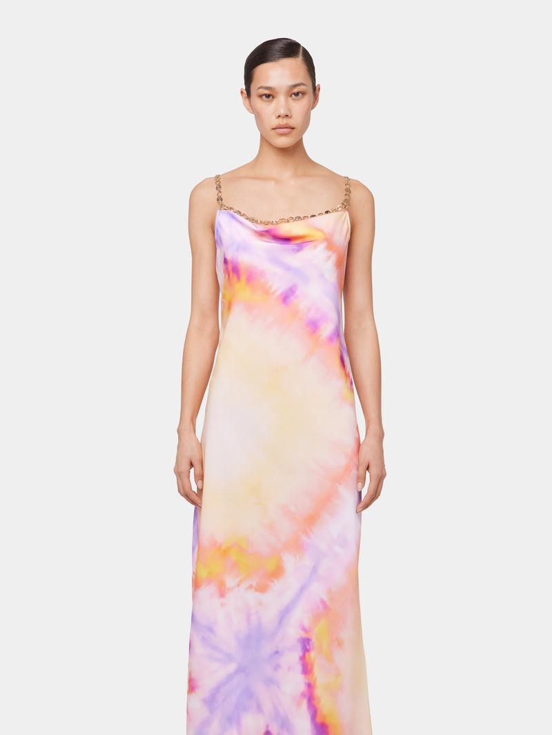 ORANGE TIE-DYE LONG DRESS IN PRINTED SATIN Product Image