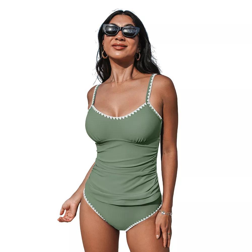 Women's Cupshe 2-pc. Scoop Neck Shell Stitch Ruched Tankini Swim Top & Swim Bottoms Set,  Product Image