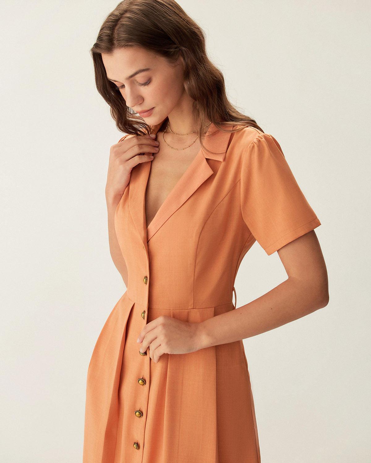 Orange V Neck Pleated Button Midi Dress Product Image