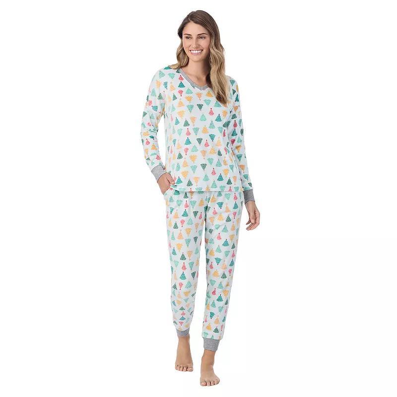 Womens Cuddl Duds Velour Fleece V-Neck Pajama Top & Pajama Bottoms Set Green Trees Product Image