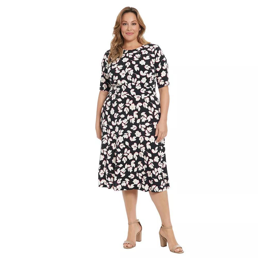 Plus Size London Times Floral Print Elbow Sleeve Inset Waist Midi Dress, Women's, Size: 18 W, Black Pink Product Image