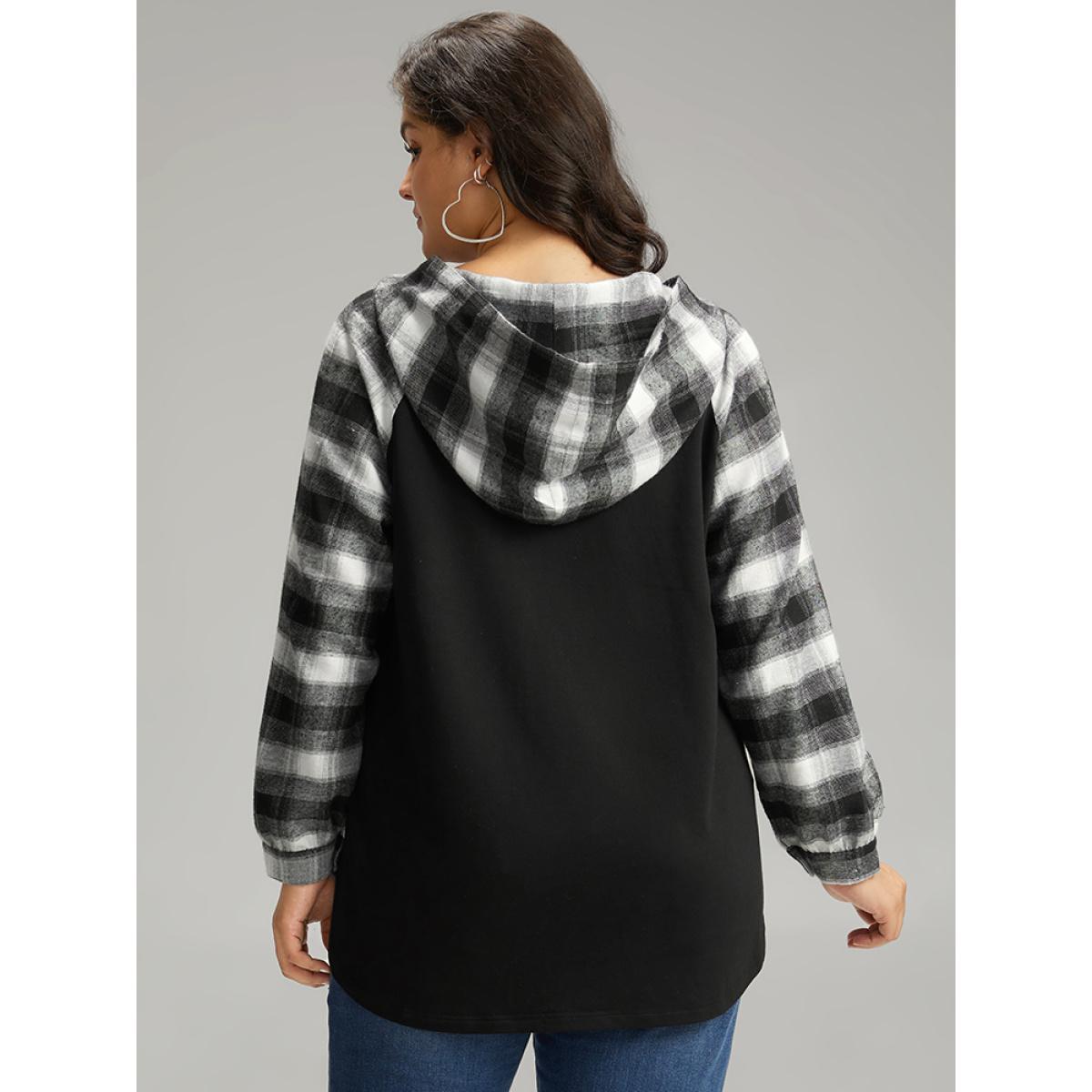 Plus Size Plaid Print Hooded Patchwork Sweatshirt Women Black Casual Patchwork Hooded Everyday Sweatshirts BloomChic 28/5X Product Image