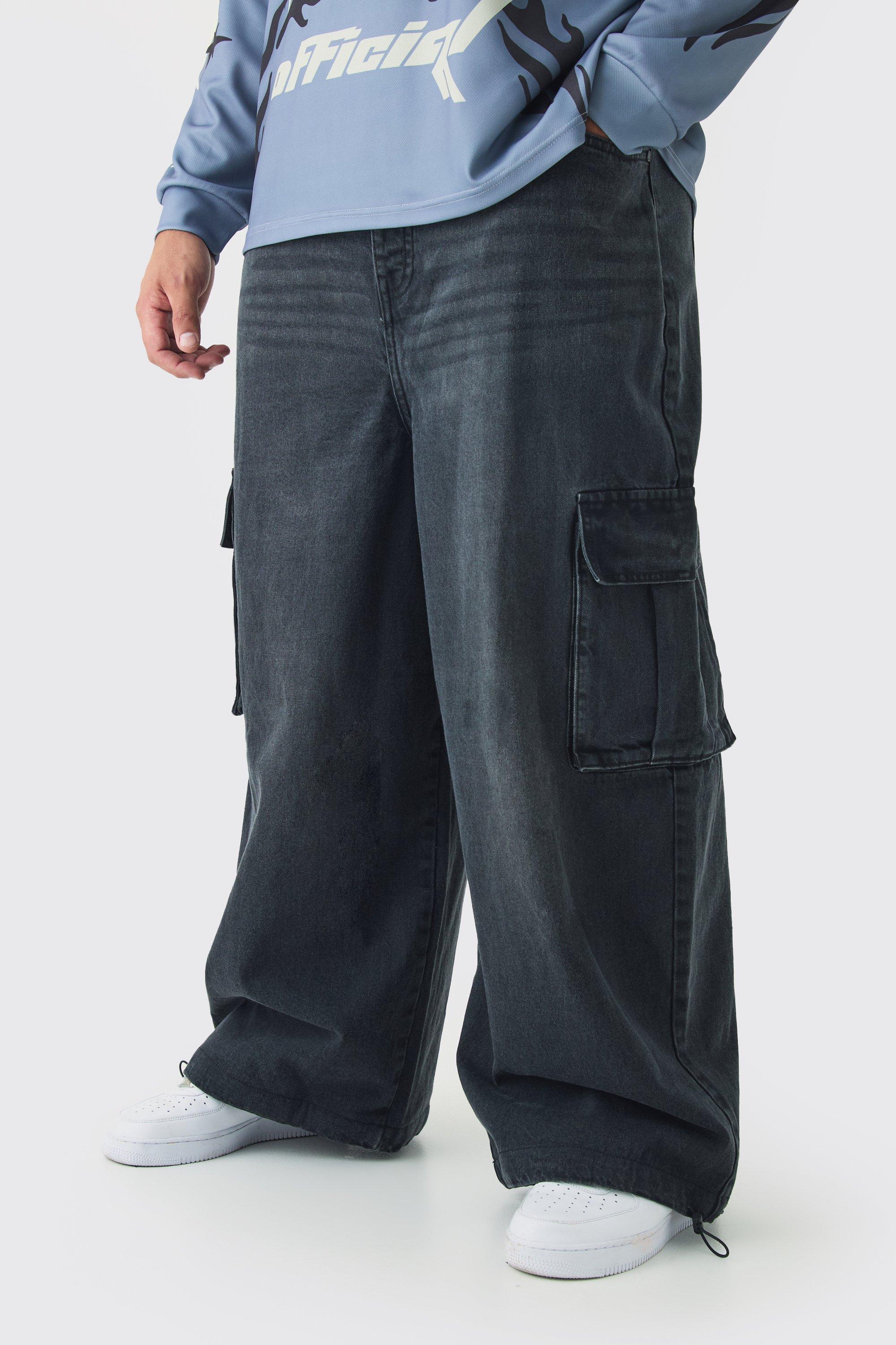 Plus Denim Cargo Parachute Jeans | boohooMAN USA Product Image