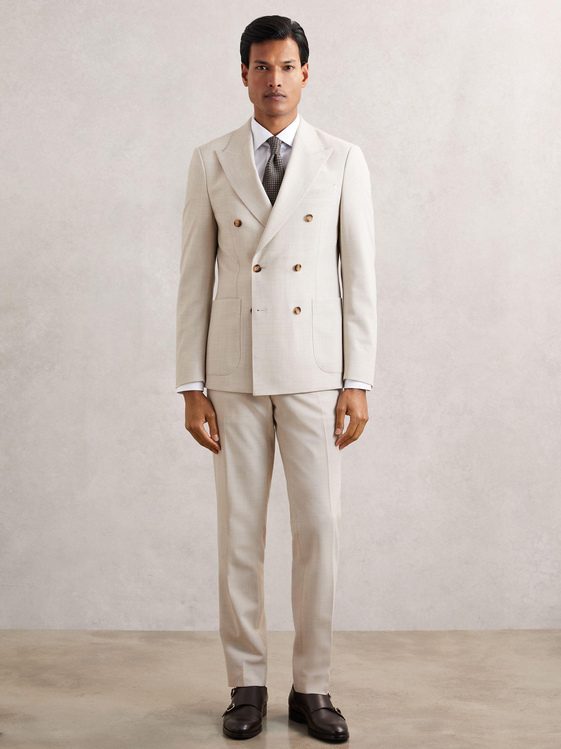 Double-Breasted Textured Suit Blazer Slim-Fit With Wool in Stone Product Image