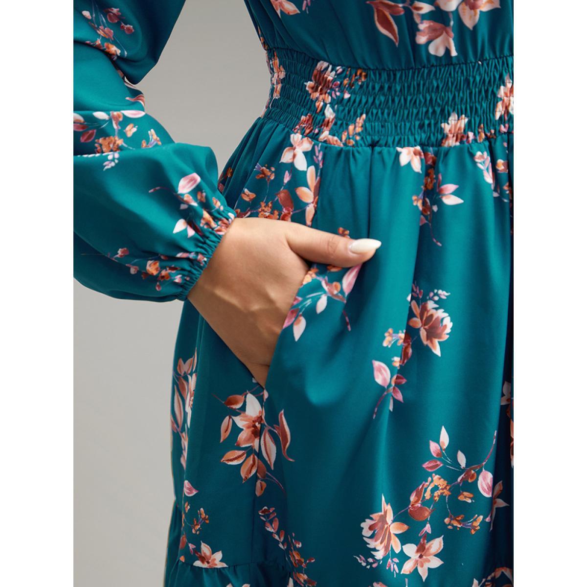 Plus Size Floral Shirred Button Up Frill Trim Dress Aegean Women At the Office Elastic cuffs Stand-up collar Long Sleeve Curvy Midi Dress BloomChic 30/6X Product Image