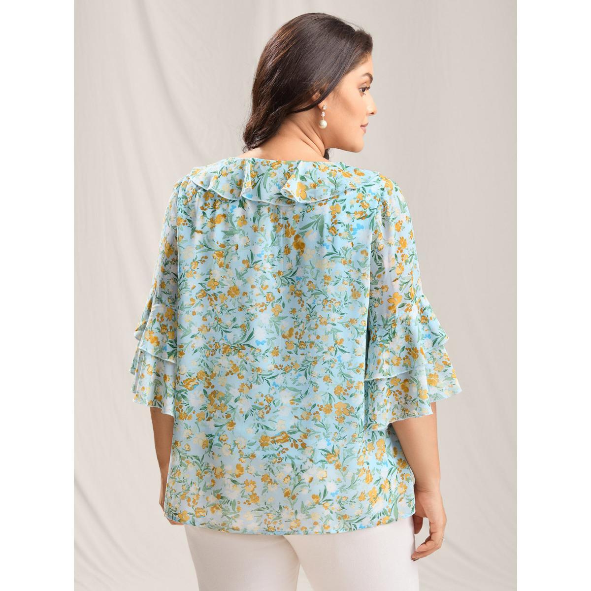 Plus Size LightBlue Floral Print Ruffled Layered Sleeve Blouse Women Romantic Short sleeve V-neck Elegant Blouses BloomChic 10/M Product Image