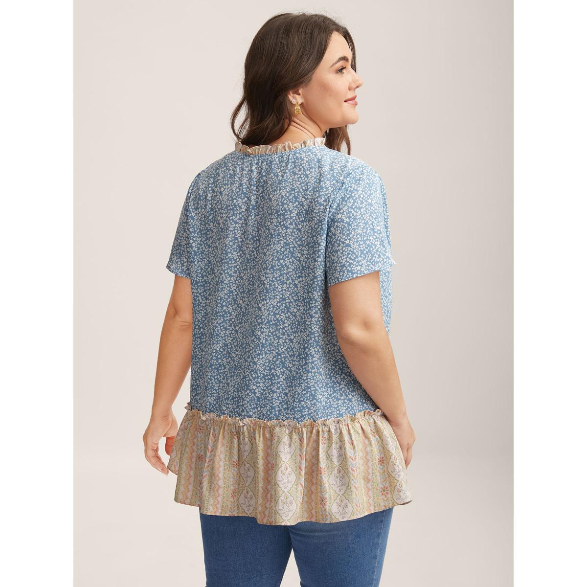 Plus Size LightBlue Ruffled Neck Tie Floral Print Blouse Women Short sleeve Notched collar Everyday-Elegant Blouses BloomChic 18-20/2X Product Image