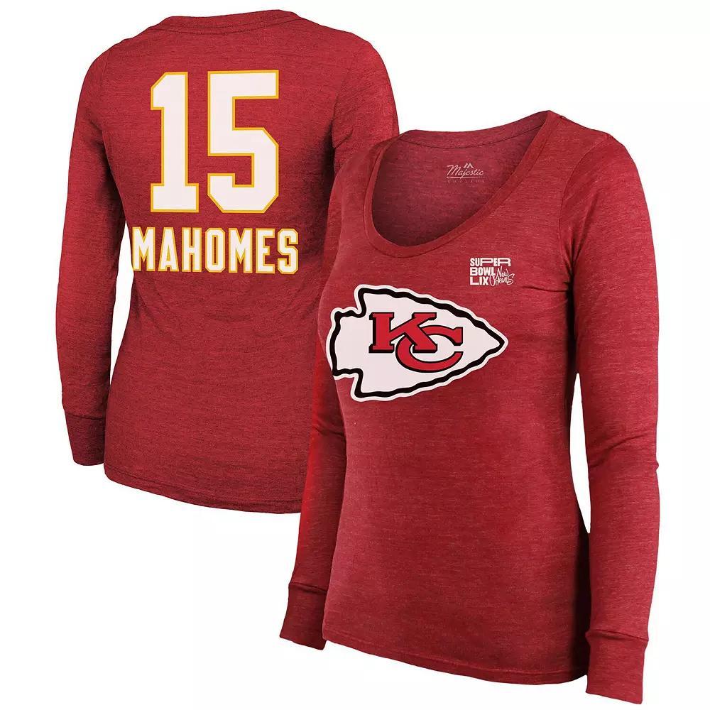 Women's Majestic Threads Patrick Mahomes Red Kansas City Chiefs Super Bowl LIX Player Name & Number Tri-Blend Long Sleeve Scoop Neck T-Shirt, Size: Small Product Image