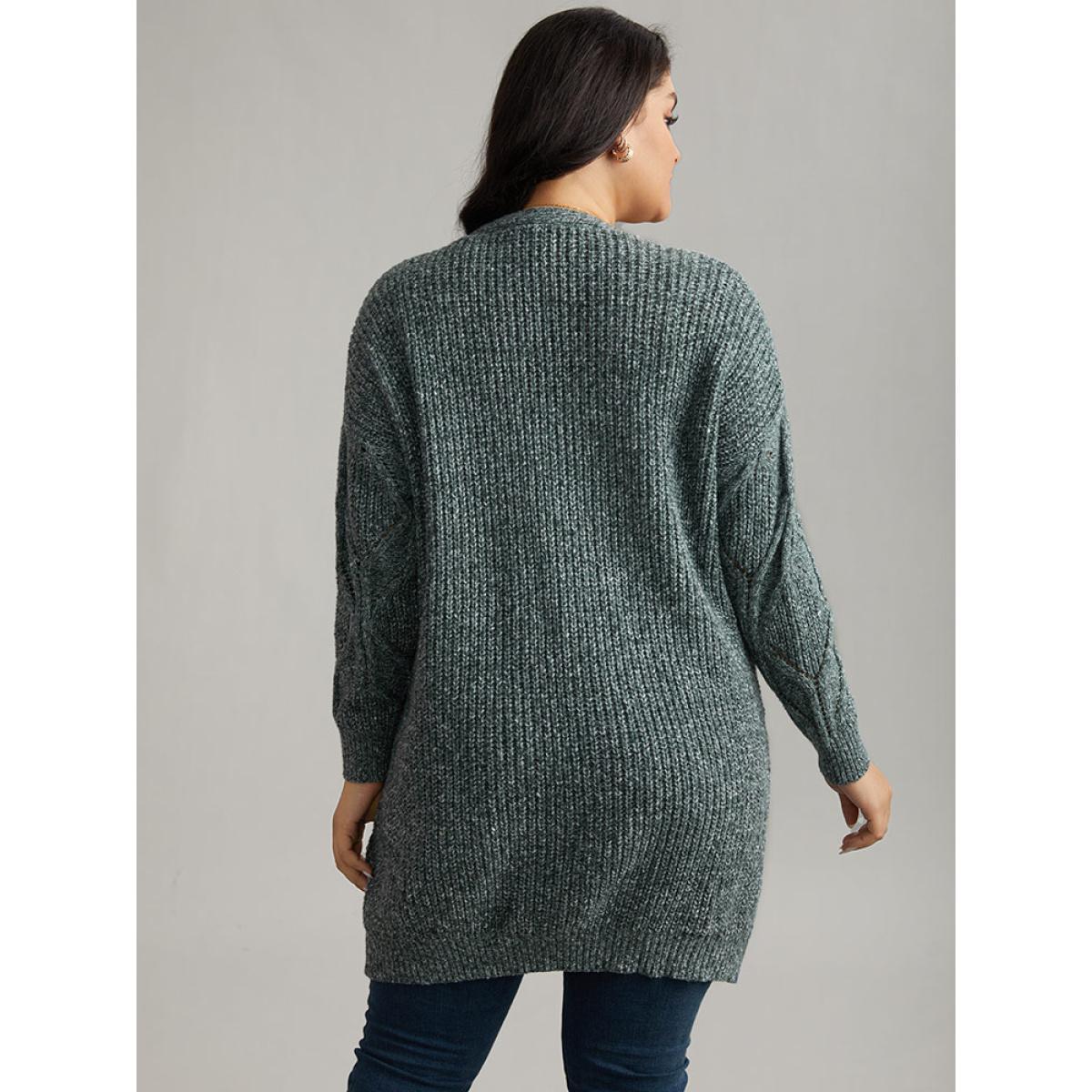Plus Size Plain Cable Knit Drop Shoulder Cardigan DarkGreen Women Casual Loose Long Sleeve Dailywear Cardigans BloomChic 10/M Product Image