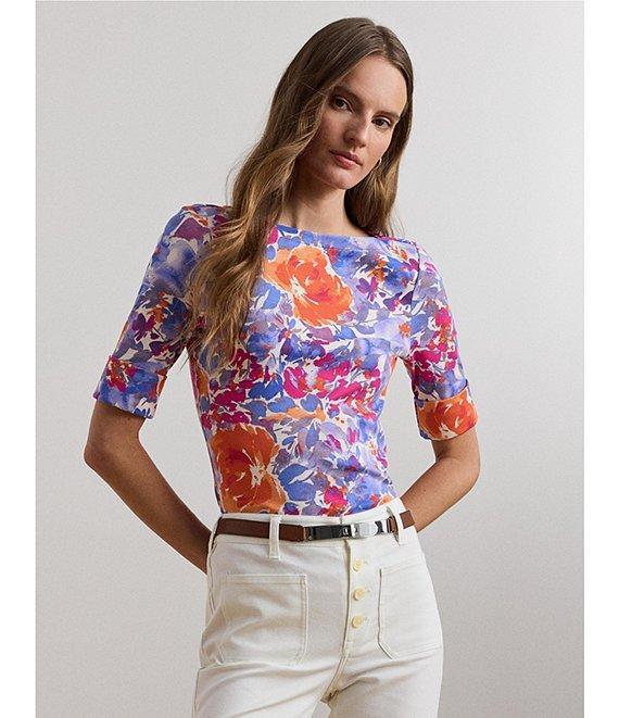 Lauren Ralph Lauren Stretch Cotton Floral Print Boat Neck Elbow Sleeve T-Shirt Product Image
