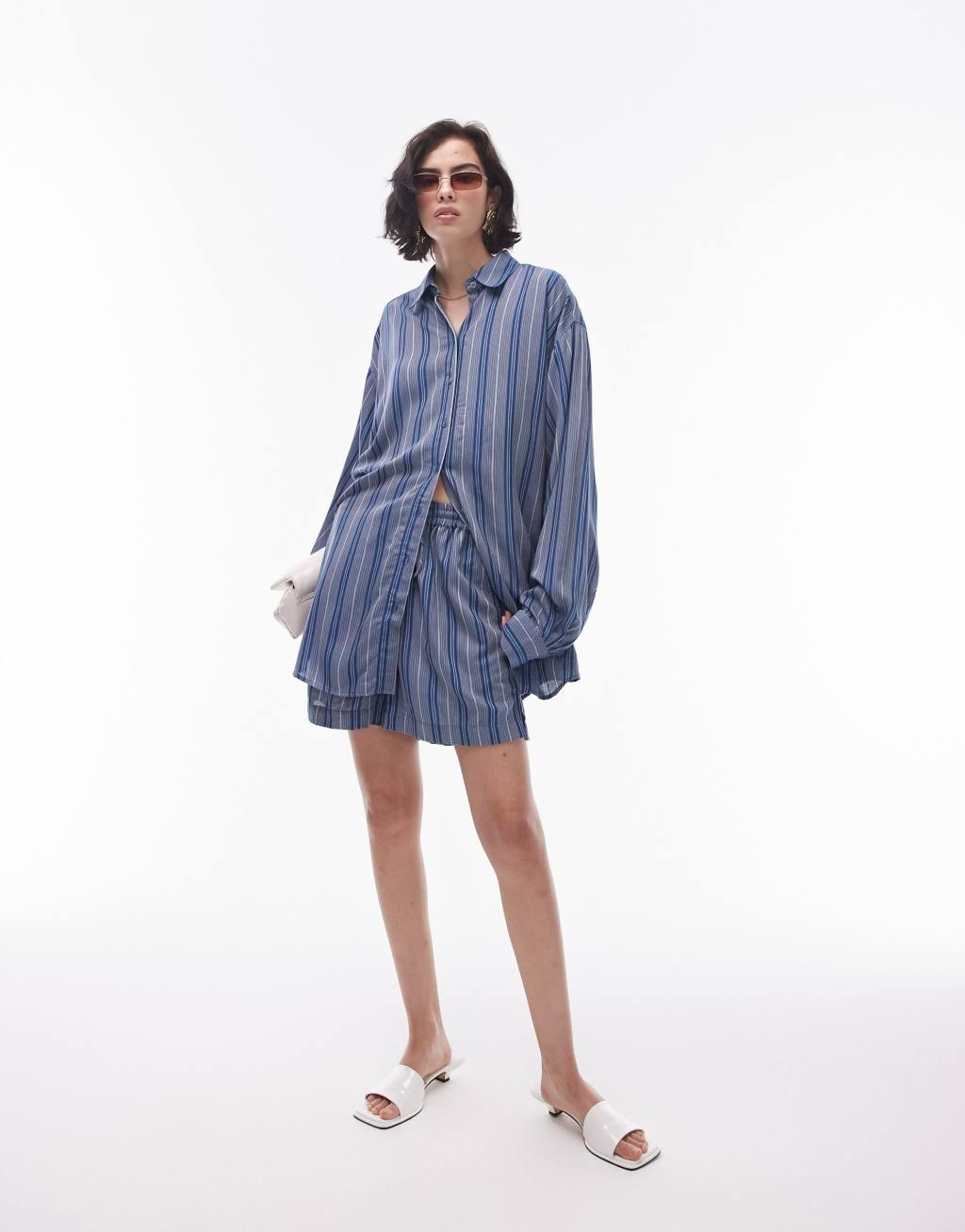 Topshop relaxed slubby shirt in blue stripe - part of a set Product Image