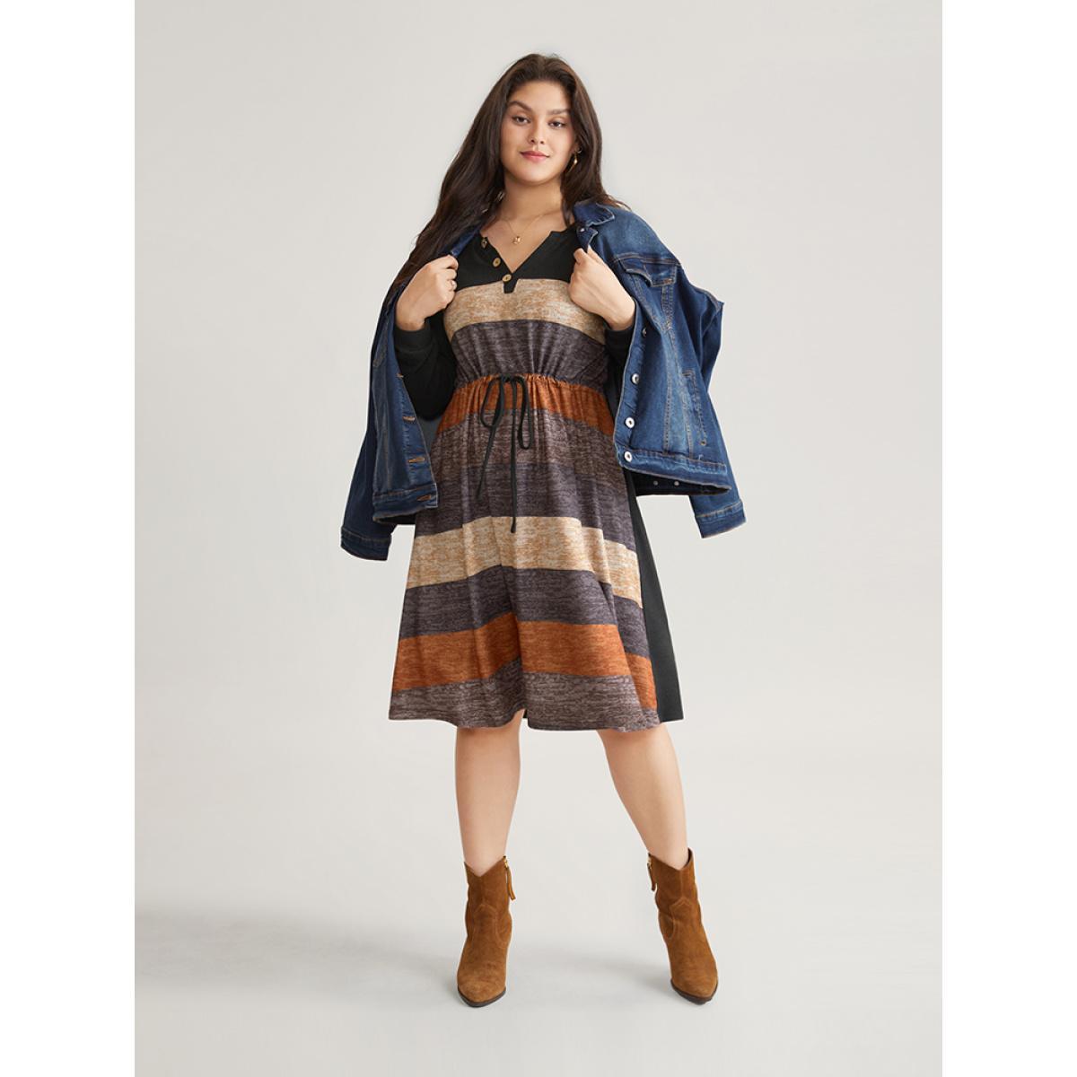 Plus Size Colorblock Striped Pocket Notched Drawstring Dress DarkBrown Women Casual Printed Notched collar Long Sleeve Curvy Midi Dress BloomChic 14-16/1X Product Image