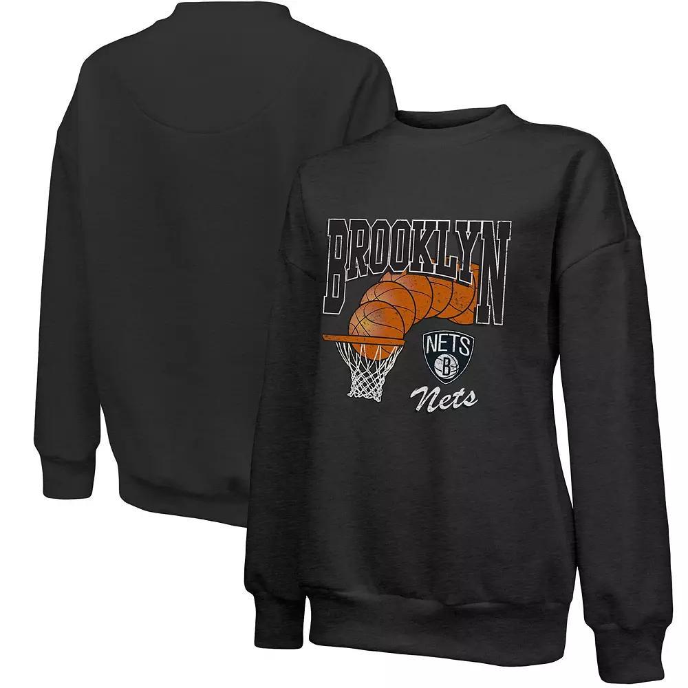 Women's Majestic Threads Black Brooklyn Nets Bank Shot Pullover Tri-Blend Sweatshirt,  Product Image