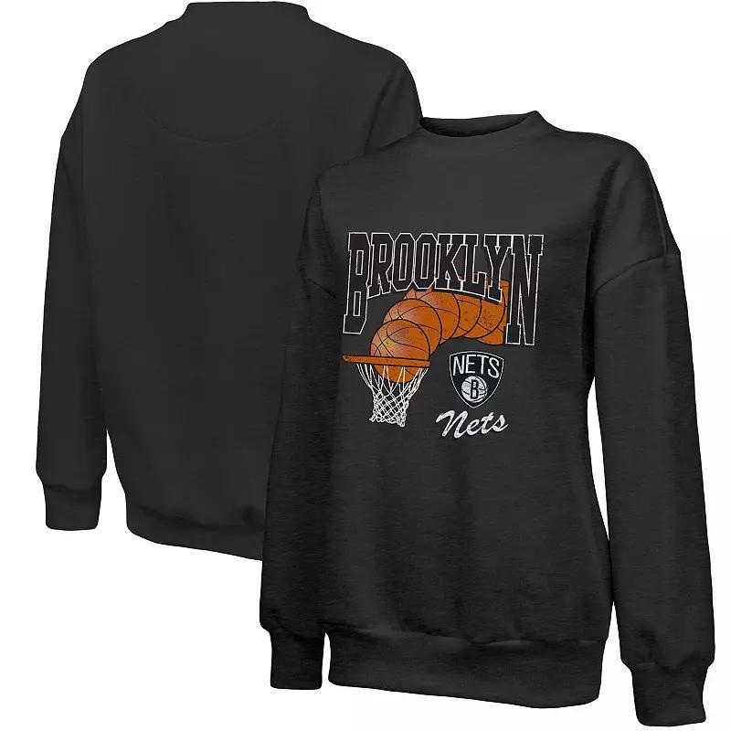 Women's Majestic Threads Black Brooklyn Nets Bank Shot Pullover Tri-Blend Sweatshirt,  Product Image