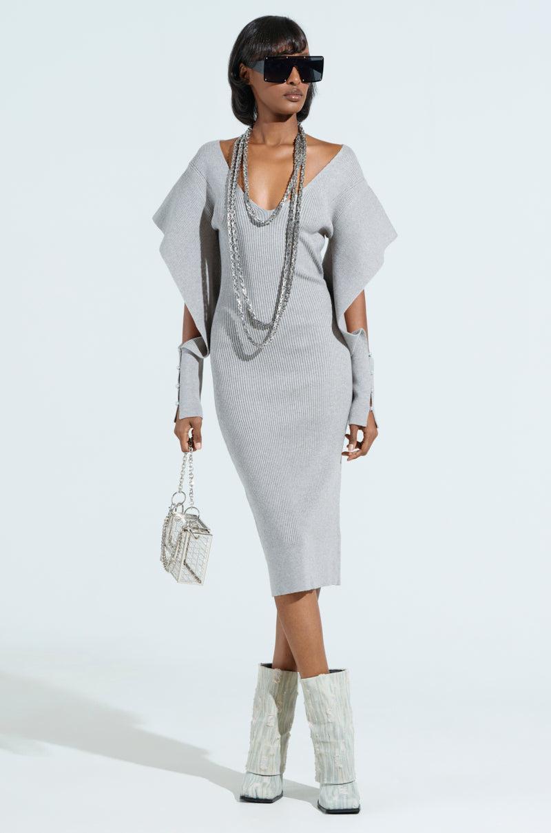 OFF TO BRUNCH KNIT MIDI DRESS IN HEATHER GREY Product Image