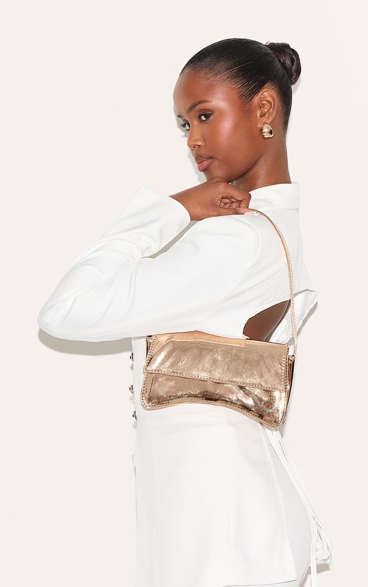 Gold PU Flap Over Baguette Shoulder Bag Product Image