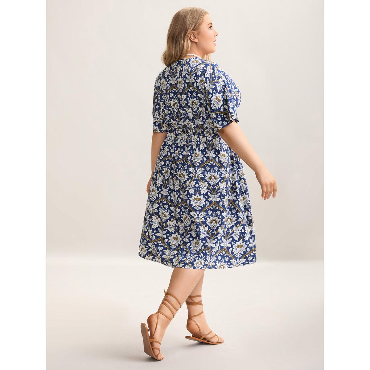 Plus Size Boho Print Shirred Surplice Neck Midi Dress DarkBlue Women Resort Non Overlap Collar Half Sleeve Curvy BloomChic 12/L Product Image