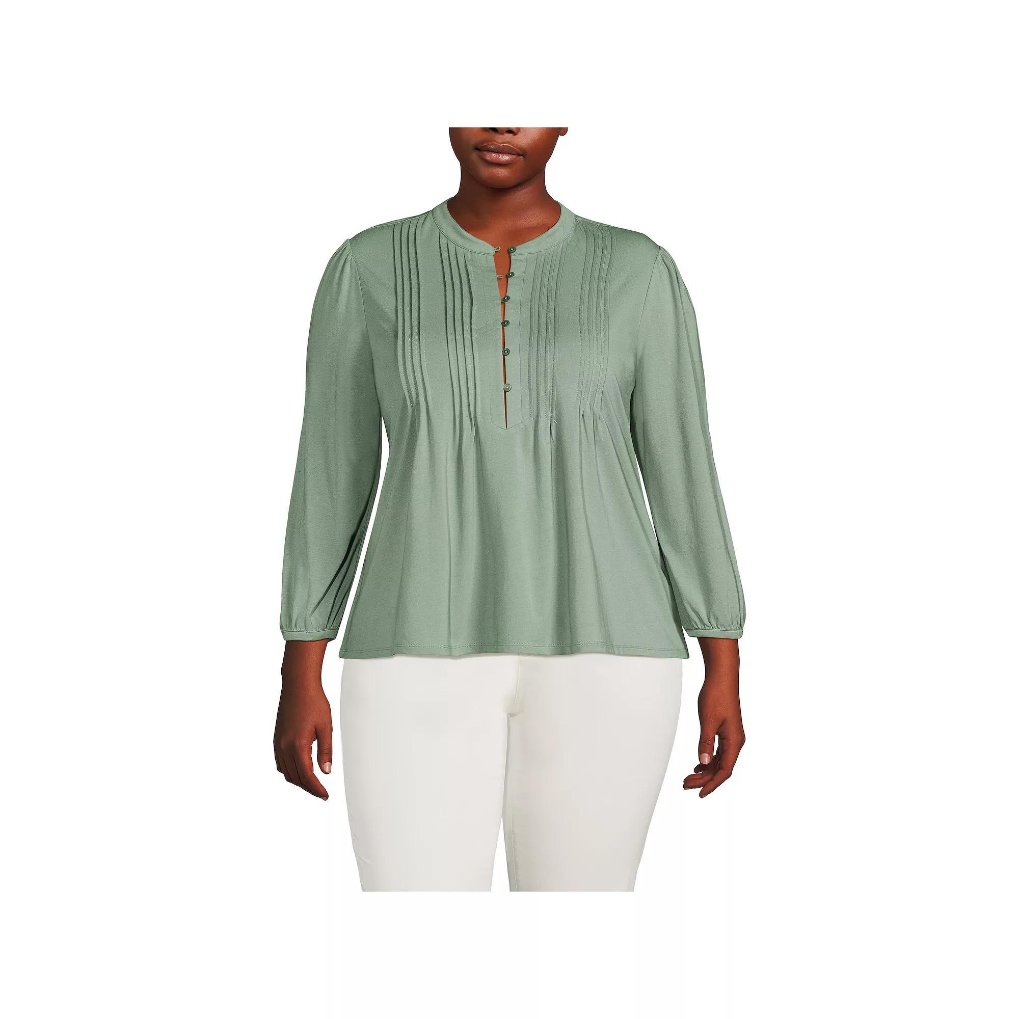 Plus Size Lands' End Lightweight Jersey Button Pintuck Top, Women's, Size: 1XL, Blue Pin Dot Product Image
