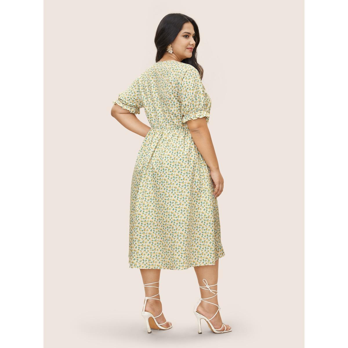 Plus Size Citrus Lemon Print Overlap Collar Lantern Sleeve Dress Yellow Women Elegant Overlapping Overlap Collar Short sleeve Curvy Midi Dress BloomChic 18-20/2X Product Image