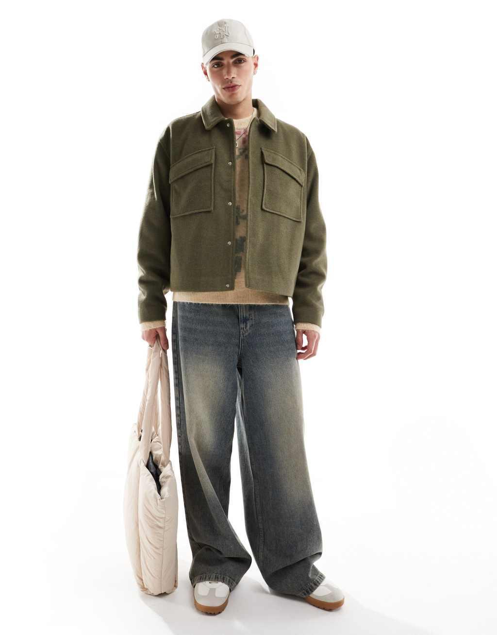 ASOS DESIGN oversized wool look harrington jacket in khaki Product Image