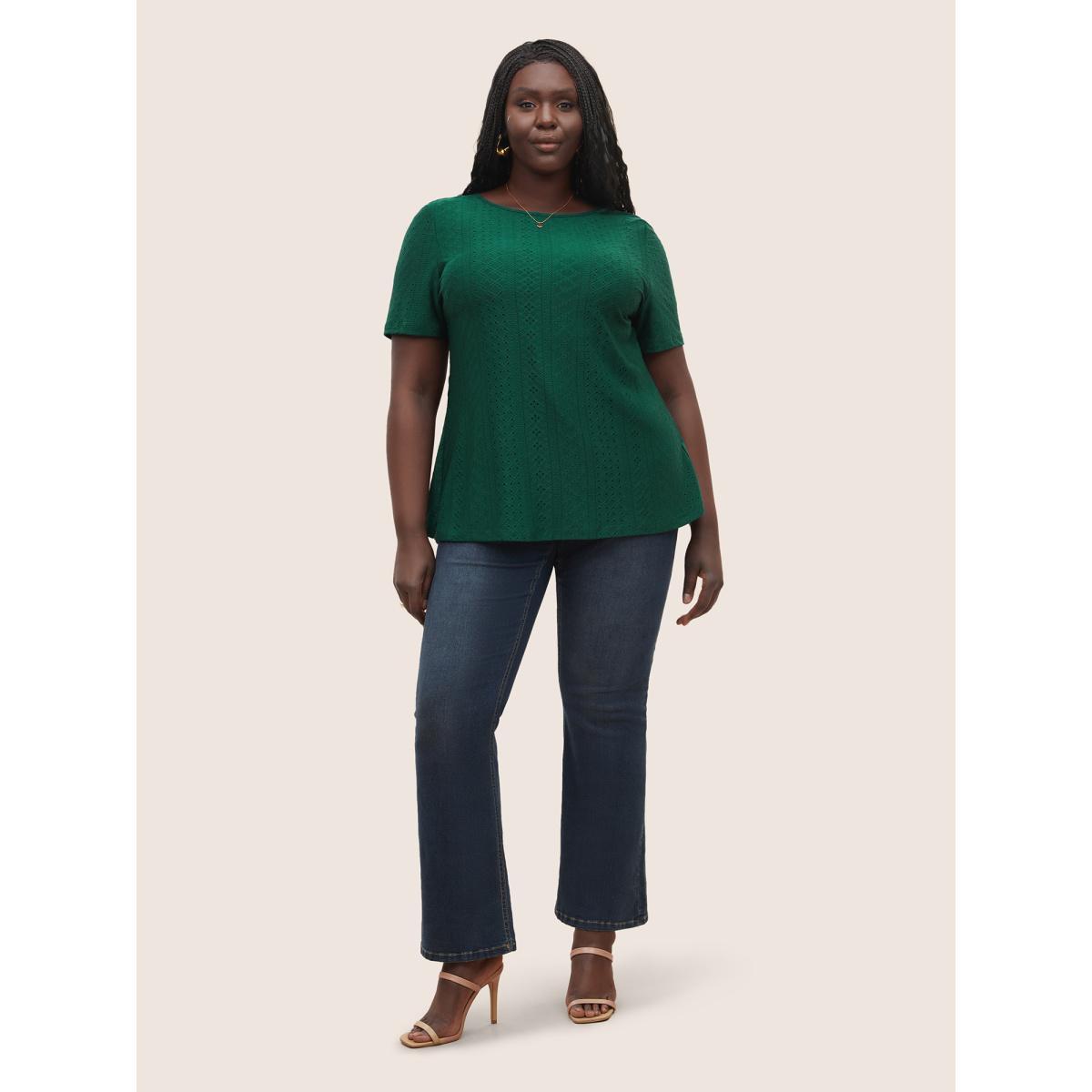 Plus Size Plain Textured Twist Back T-shirt DarkGreen Women Elegant Twist Round Neck Everyday T-shirts BloomChic 18-20/2X Product Image