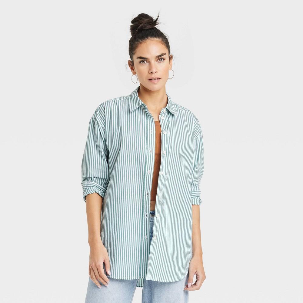 Womens Oversized Long Sleeve Collared Button-Down Shirt - Universal Thread Striped L Product Image