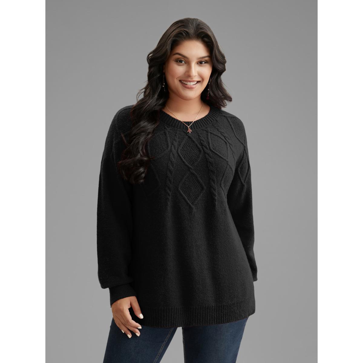 Plus Size Cable Knit Bodice Crew-Neck Pullover Black Women Leisure Loose Long Sleeve Round Neck Casual Pullovers BloomChic 28/5X Product Image