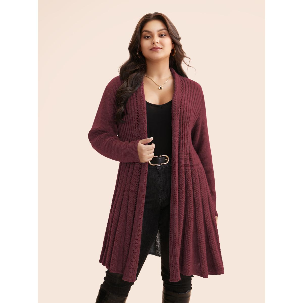 Plus Size Plain Textured Kimono Collar Cardigan Deepred Women Timeless Loose Long Sleeve Elegant Cardigans BloomChic 12/L Product Image