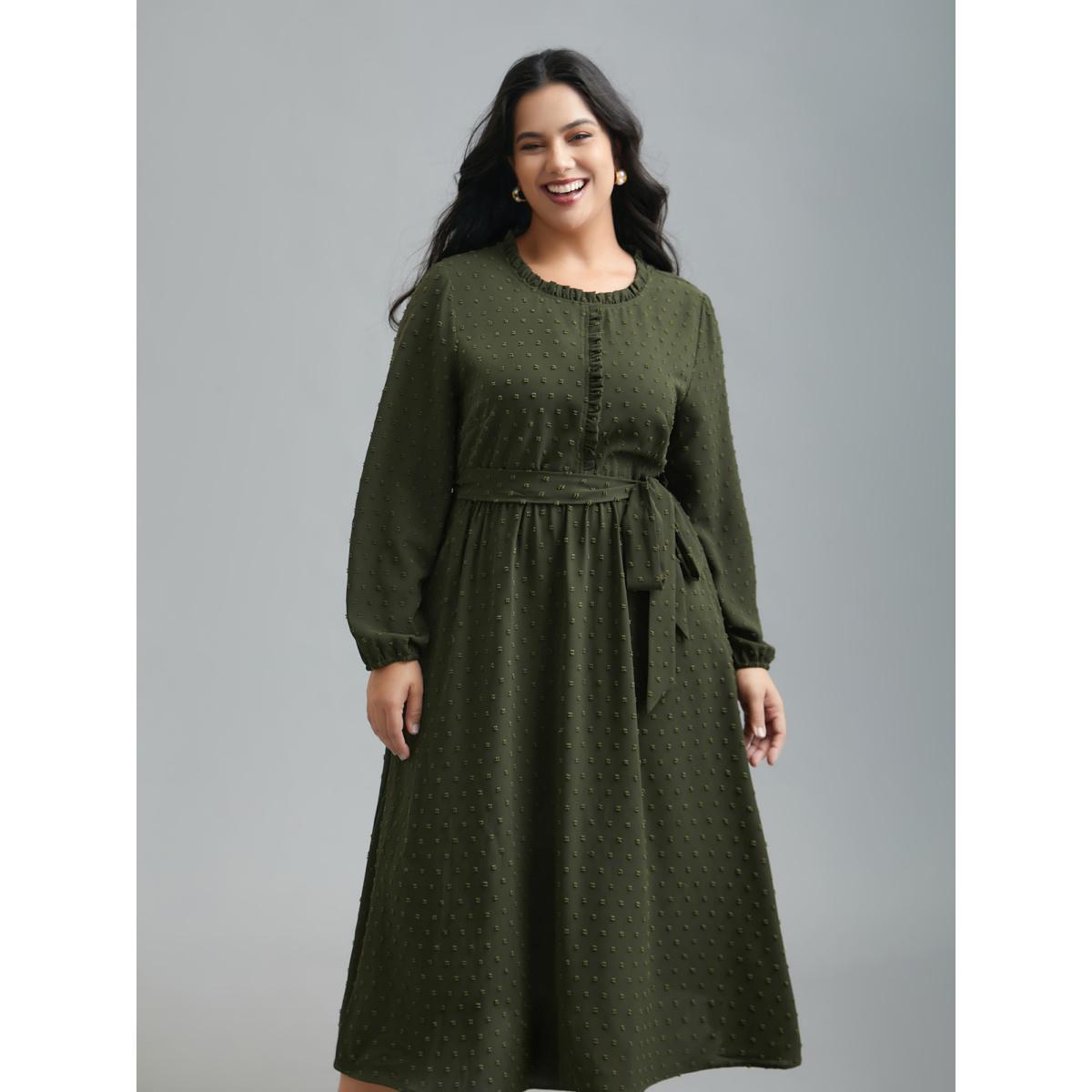 Plus Size Textured Waist-Tie Ruffled Edges Dress ArmyGreen Women Elegant Texture Round Neck Long Sleeve Curvy BloomChic 22-24/3X Product Image